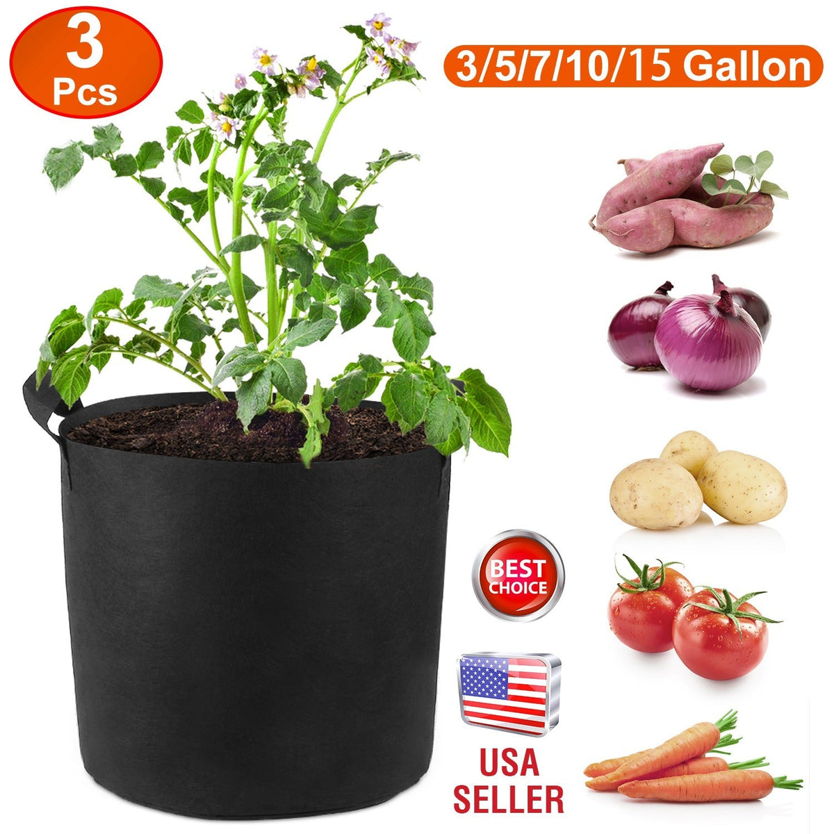 7-Gallon Fabric Grow Bags — 3-Pack