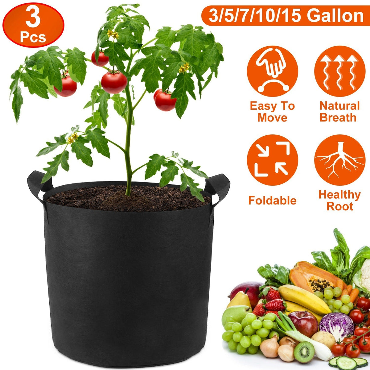 7-Gallon Fabric Grow Bags — 3-Pack