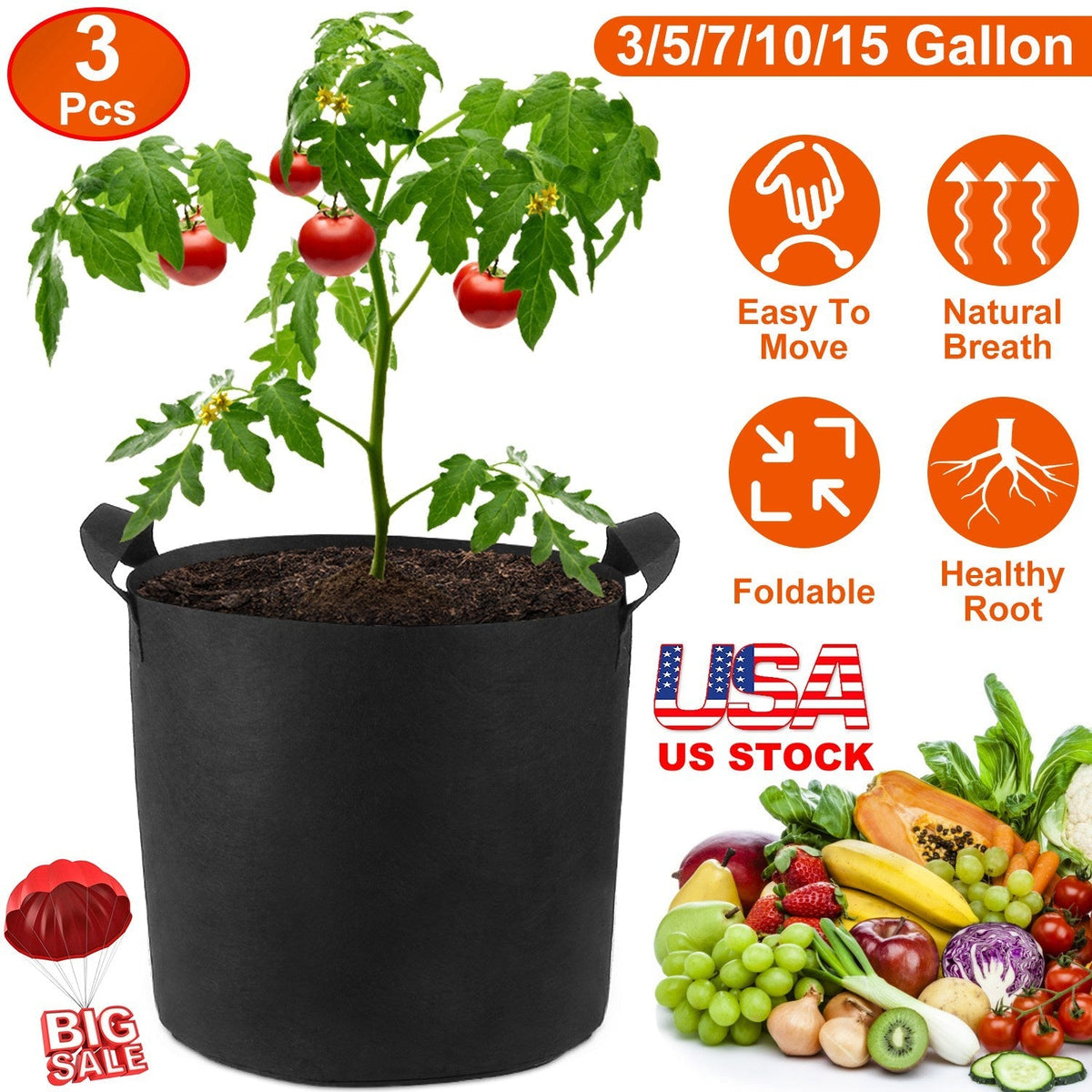 7-Gallon Fabric Grow Bags — 3-Pack
